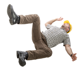Construction worker with yellow helmet falling on transparent background