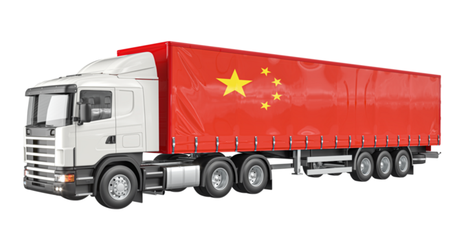 Cargo transportation concept featuring a white semi trailer truck with a large chinese flag