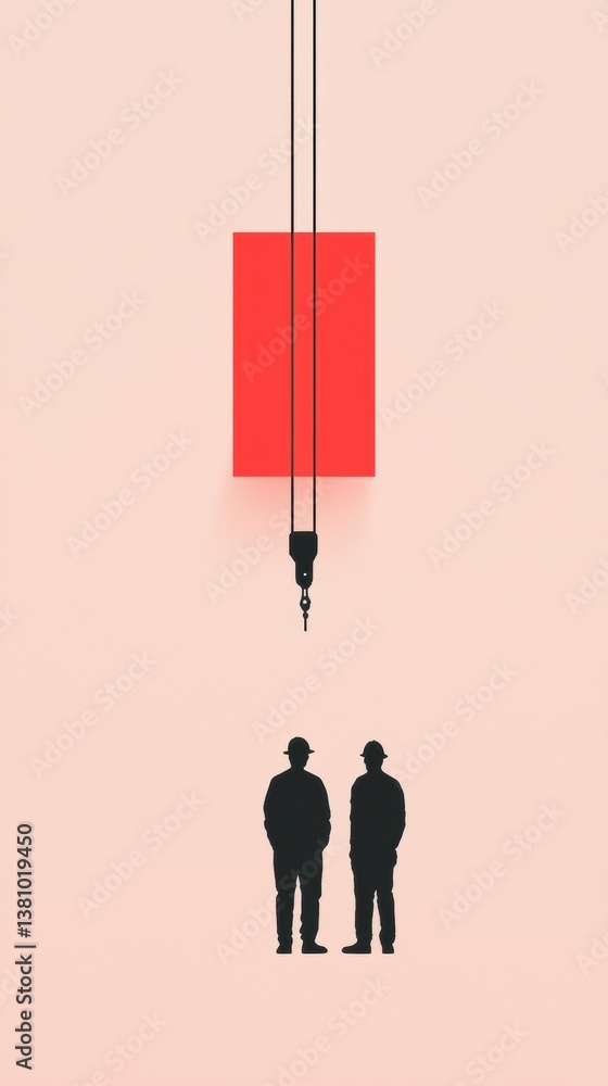 Poster two silhouetted figures stand beneath a hanging object, framed by a minimalistic background featurin