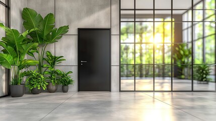 Obraz premium Blurry office interior with door modern workspace visual art indoor plants bright atmosphere