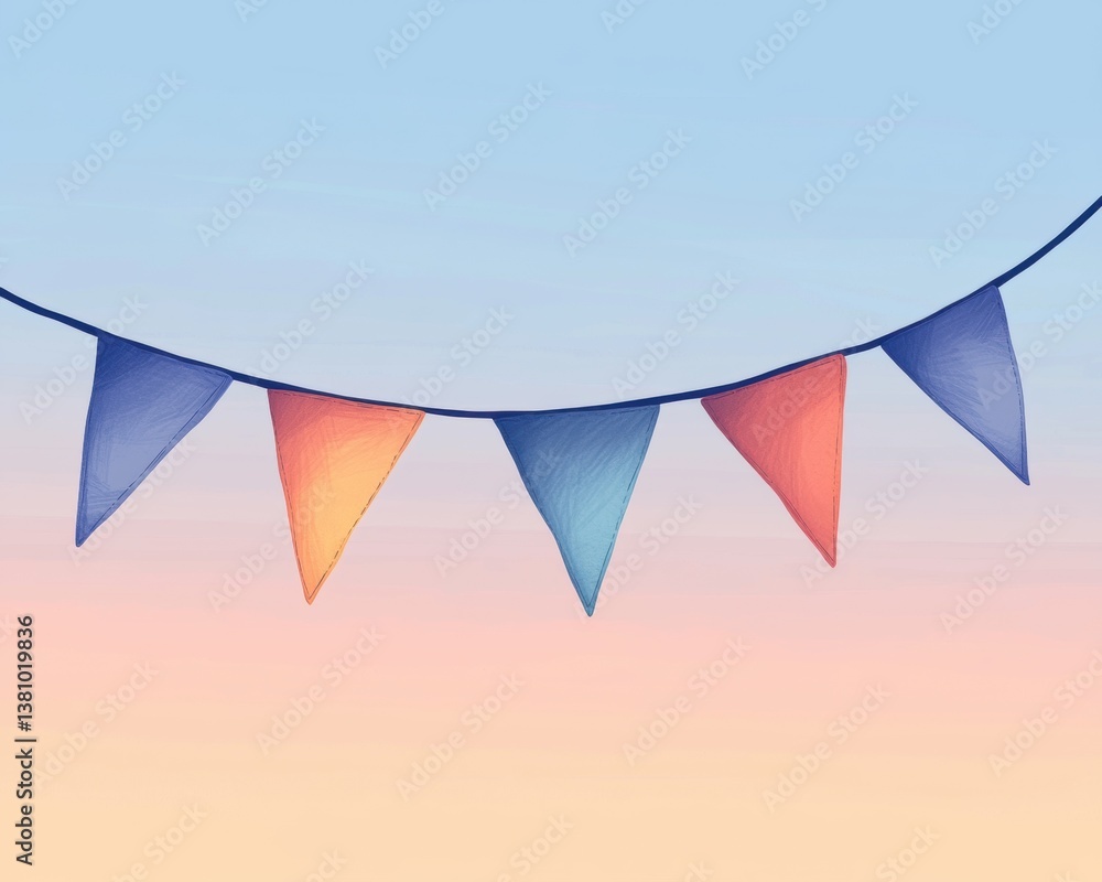 Poster a colorful bunting hangs against a soft gradient sky, creating a festive atmosphere.