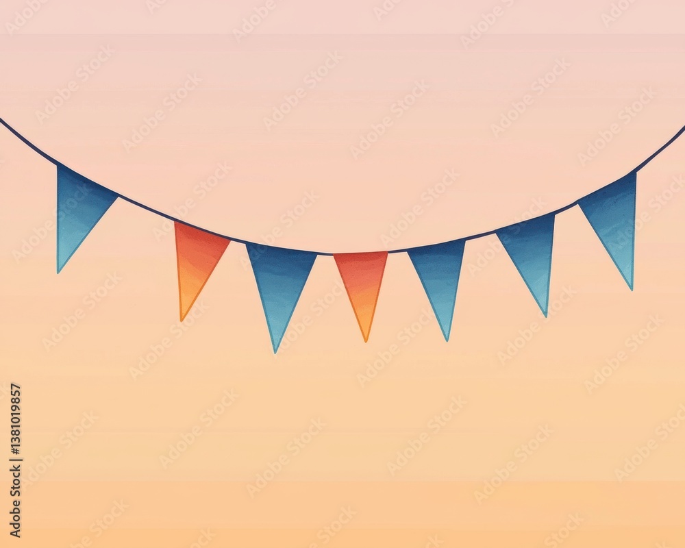 Poster colorful triangular flags hang against a soft, pastel sky, creating a festive and cheerful atmospher