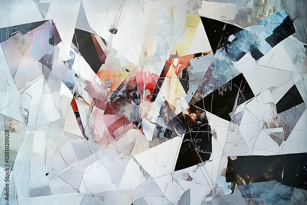 Poster a fragmented artistic composition displays a variety of layered abstract forms