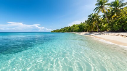 Fototapeta premium Tranquil Tropical Beach Landscape with Crystal-Clear Ocean Waves and Sandy Shore