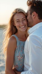 Obraz premium A radiant couple embraces on a sunlit beach, their smiles reflecting pure happiness and love. The womans flowing hair dances in the gentle breeze, while the mans affectionate kiss on her cheek