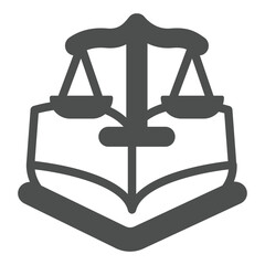 Weigh scales with laws book solid icon, family lawyer concept. Vector graphics. Libra scales with human rights textbook sign on white background, glyph style icon for mobile or web design.