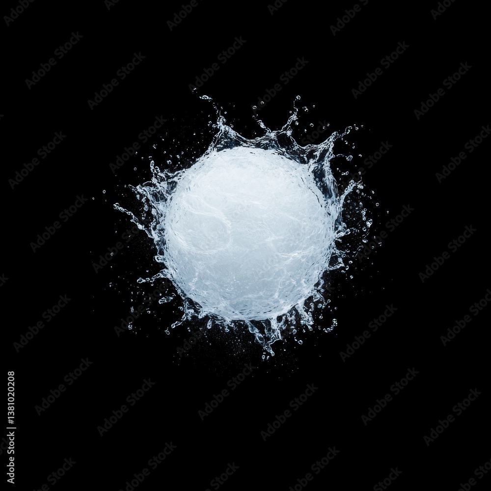 Poster a splash of water surrounds a spherical object against a black background, creating an artistic and 