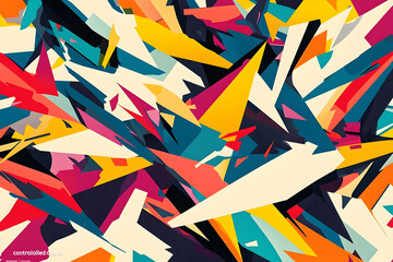 An abstract design featuring overlapping geometric shapes and vibrant colors