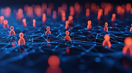 Stakeholder concept. Digital network connecting red figures in a dark space.