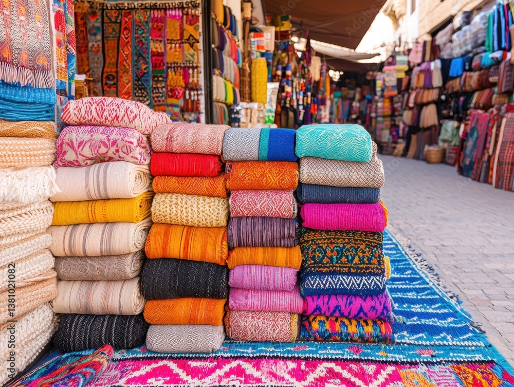 Poster a vibrant display of colorful textiles stacked neatly along a bustling market street, showcasing an 
