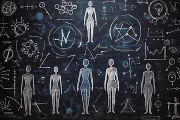 Abstract human figures against a scientific chalkboard background  