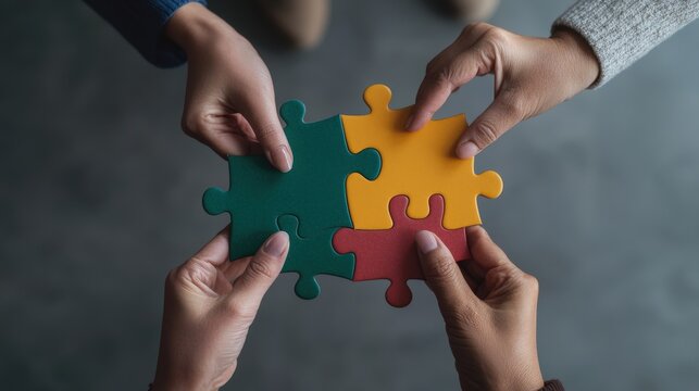 Stakeholder concept. Hands fitting colorful puzzle pieces together.