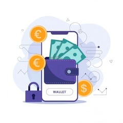Mobile Wallet App with Cash and Coins Against a Abstract Background  