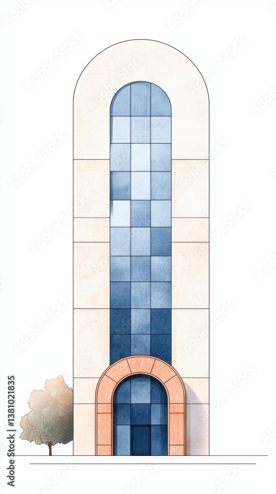 Poster a modern architectural design featuring a tall building with a distinctive arch and glass facade, co