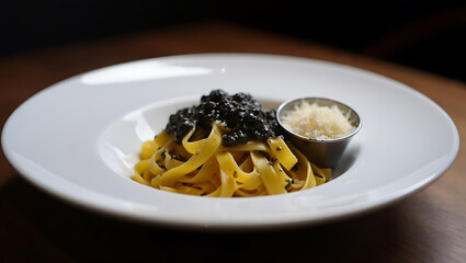 A beautifully presented plate of pasta is garnished with black caviar and cheese.