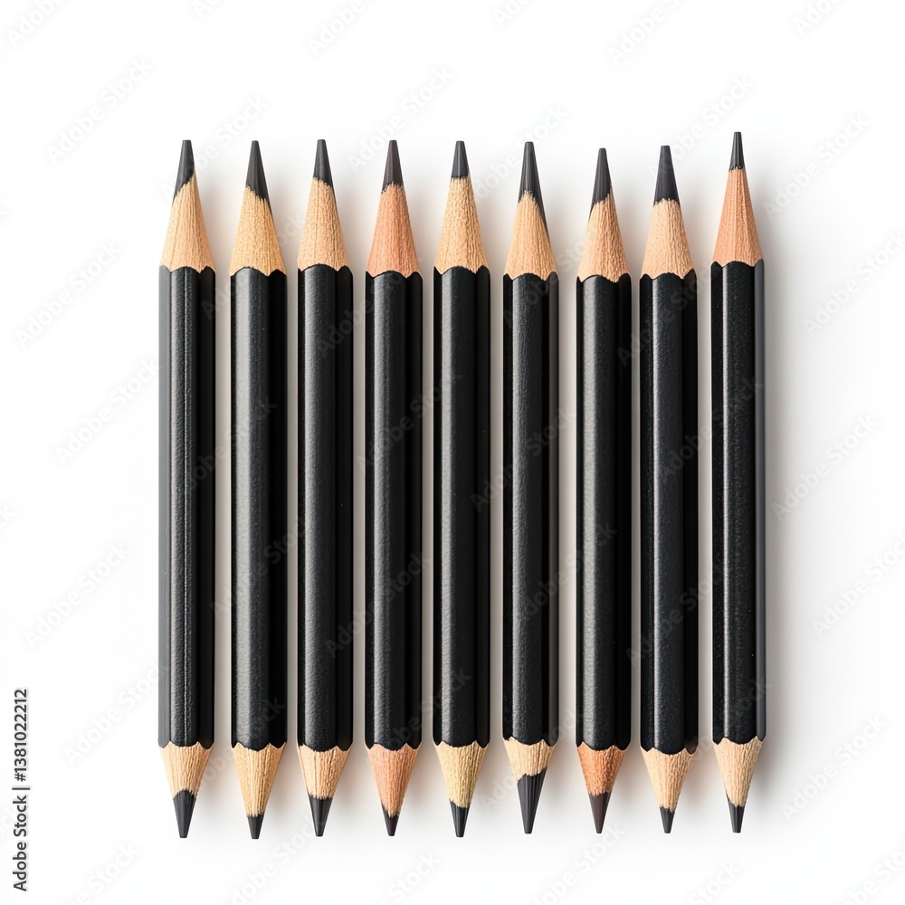 Poster artistic display of identical black pencils studio setting still life minimalistic top-down view cre