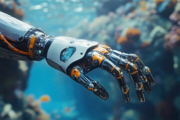 A robotic hand explores the depths of a vibrant coral reef underwater environment