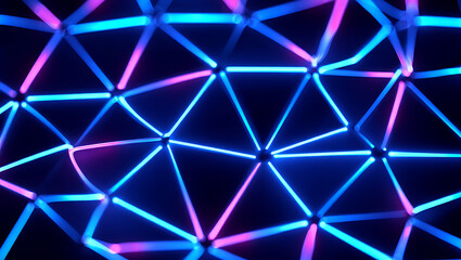 Abstract neon light design featuring interconnected triangles glowing in vibrant blue and pink hues.