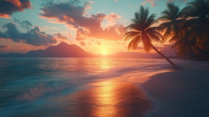 Sunset view. Palms, ocean, and mountains. Orange and blue hues paint the scene