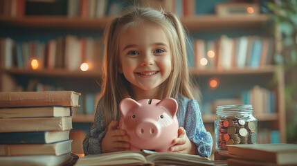 Happy Girl Saving Money Piggy Bank Books Education