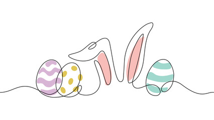 Easter banner with easter eggs and bunny ears in line art style, one continuous line vector illustration isolated on white background, design for easter decoration, cards,poster,invitation, background