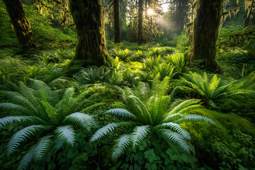 Fototapeta premium Emerald Symphony: Nature's Tapestry of Lush Greenery and Whispering Breezes in Verdant Paradise