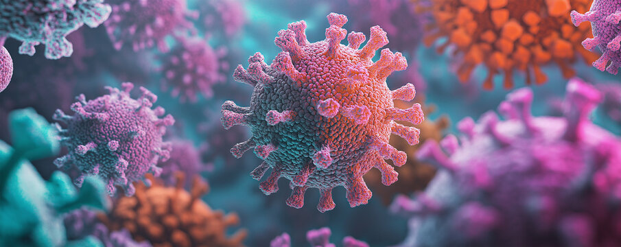 Banner with a close-up view of viruses at a cell level. A macro shot of patogen in bright colours and natural light.