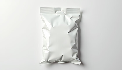 Fototapeta premium A crumpled white packaging bag, typically used for snacks, lies flat. Its minimalistic design emphasizes functionality and serves as a blank canvas for branding and product design