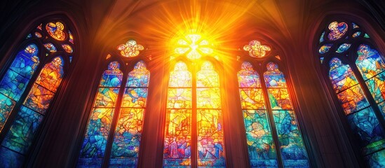 Obraz premium Radiant stained glass window illuminates a cathedral's interior with colorful light