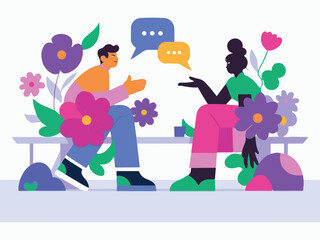 Naklejka premium Stylized People Sitting, Talking with Speech Bubbles Amidst Floral Illustrations on White