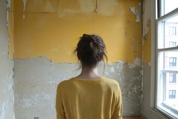 Obraz premium Young caucasian woman in yellow sweater facing rustic wall by window