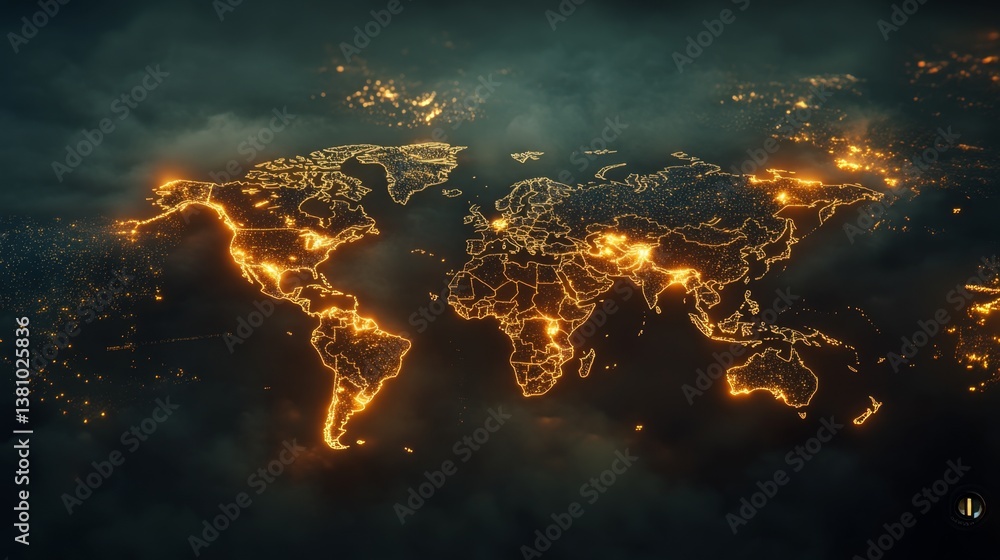 Poster illuminated world map visualizing global connectivity digital realm graphic representation nighttime