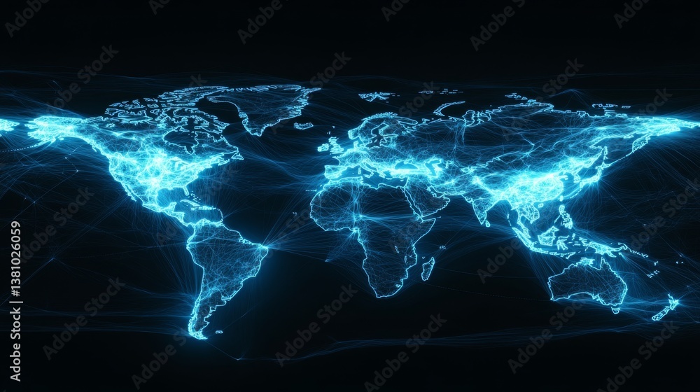 Poster global digital connectivity map displaying data points across continents futuristic environment high