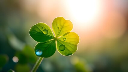 Four-leaf clover with dew drops in morning sunlight, symbolizing luck and freshness in vibrant green garden.  