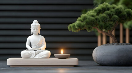 White Buddha Statue Meditating with Burning Candle and Bonsai Tree