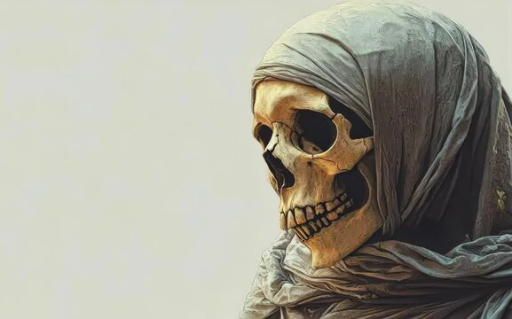 Skull wrapped in cloth, mummified remains, flat design illustration