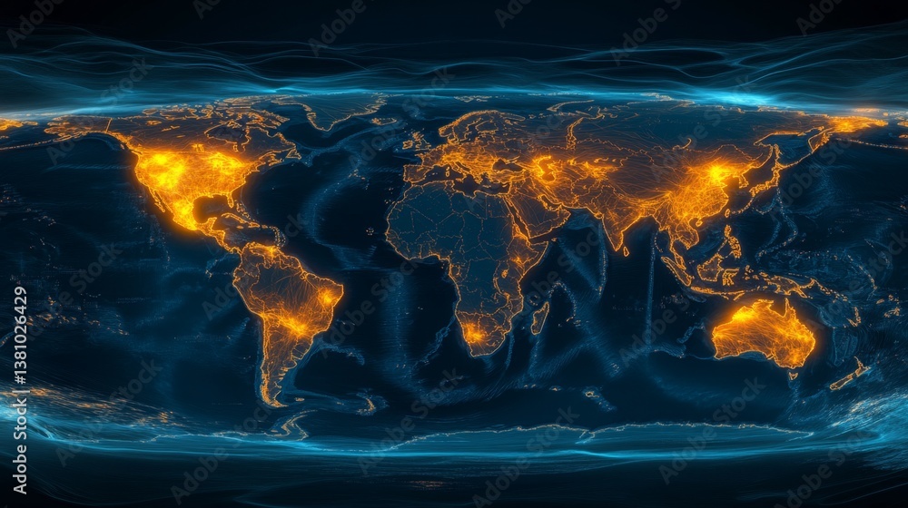 Poster global nighttime population density visualization world map infographic data science aerial view urb