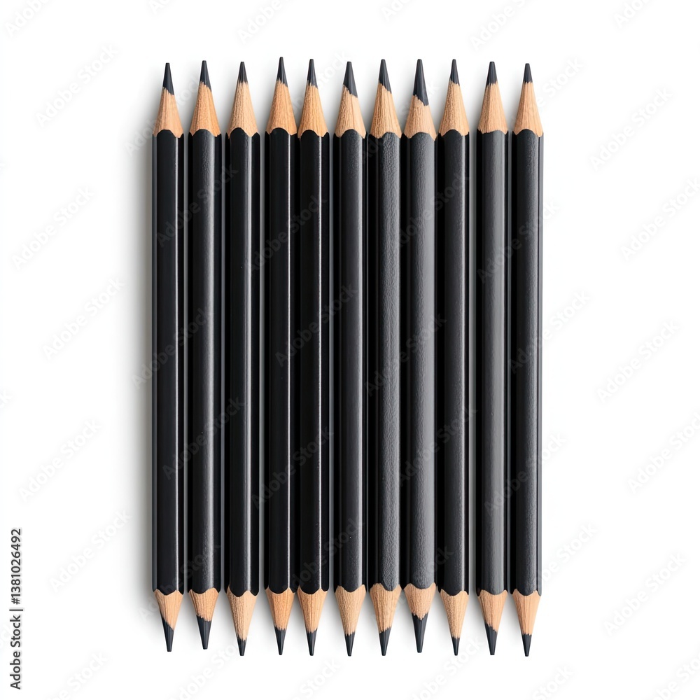 Poster identical black pencils aligned in art scale studio setting high-resolution image direct view art su