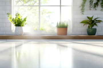 Fototapeta premium Bright kitchen counter with plants near sunny window, clean and minimalist.