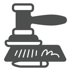 Document with pen and wooden gavel solid icon, jurisprudence concept. Vector graphics. Contract and judge gavel, justice sign on white background, glyph style icon for mobile or web design.