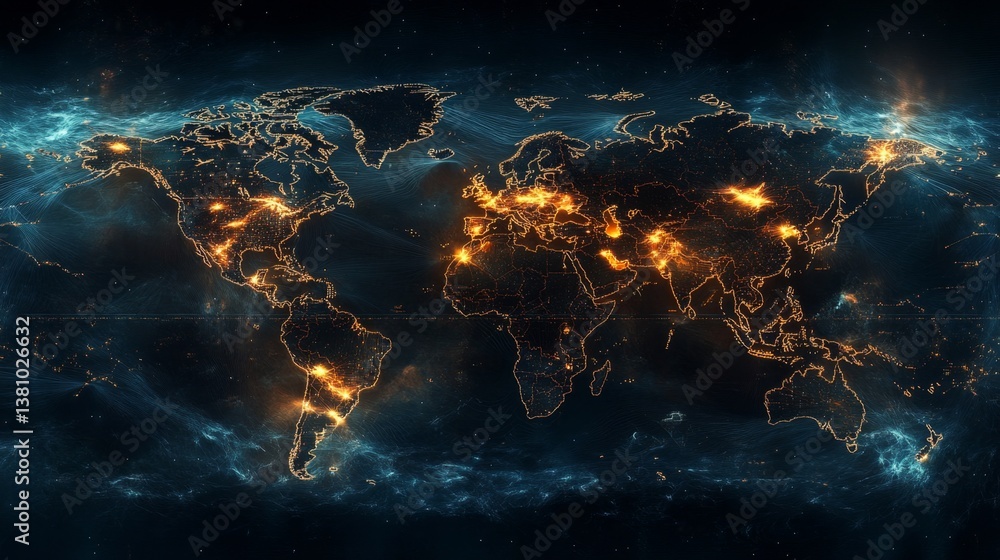 Poster global network illuminated a visual journey of earth's connectivity digital landscape nighttime view