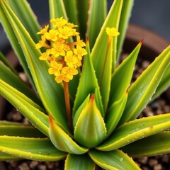 Obraz premium Succulent aloe vera plant with thick green leaves and vibrant yellow blossoms, thick leaves, bloom, bright