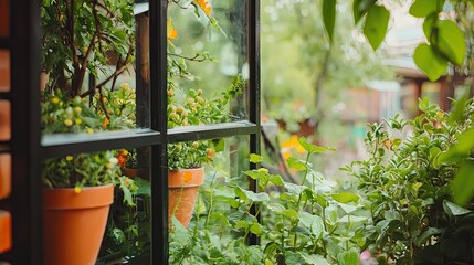 Lush green plants in sunlit office space nature indoor garden serene environment close-up view tranquility