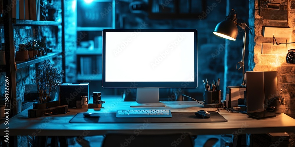 Poster cozy workspace with high-tech monitor and ambient lighting in a creative setting at night