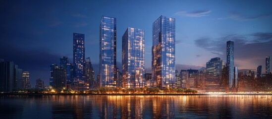 Obraz premium Modern Skyscrapers Along Waterfront