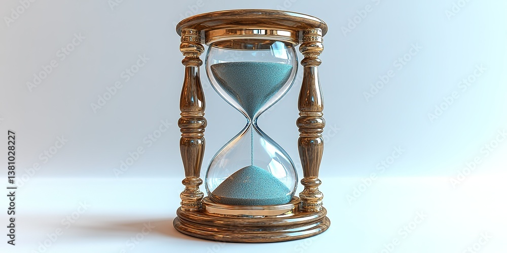 Poster elegant hourglass with fine sand resting on a white surface, capturing the essence of time in a mini