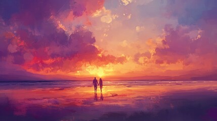 Couple silhouetted against vibrant sunset over calm ocean