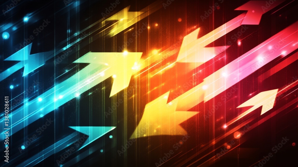 Poster dynamic arrow motions representing progress and innovation in a vibrant digital environment