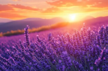 Fototapeta premium Sunset over Lavender Field in Purple Hues