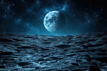Fototapeta premium A stunning view of the moon rising over a rocky lunar landscape at night